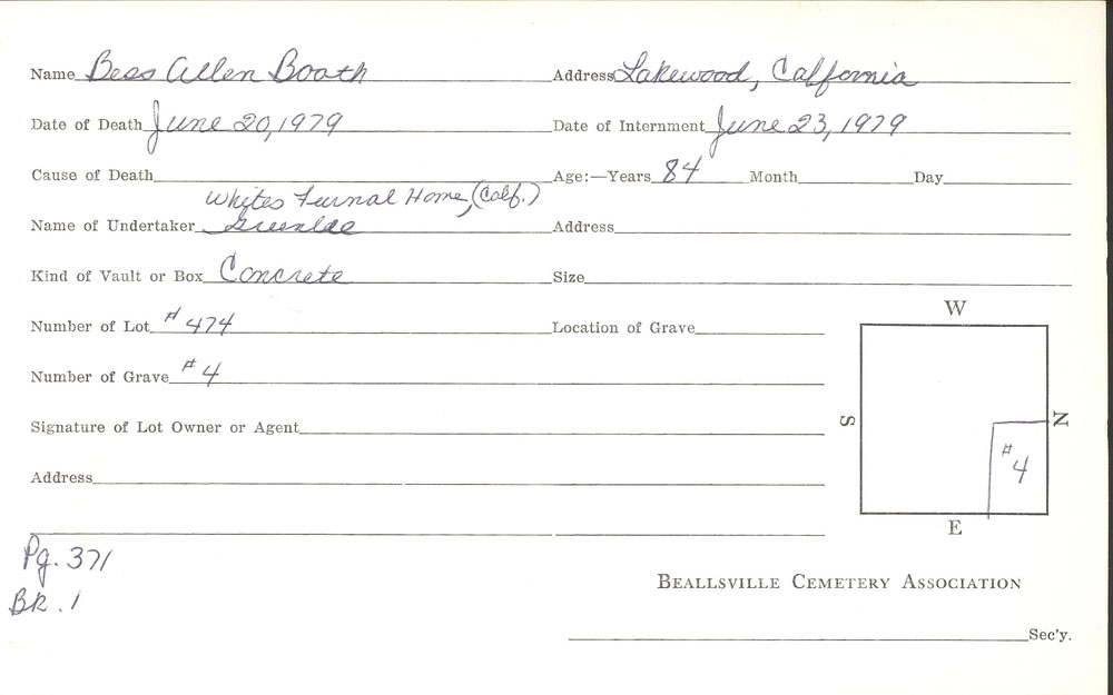 Bessie Allen Booth burial card